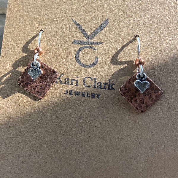Charming Rustic Copper and Sterling Silver Heart Earrings